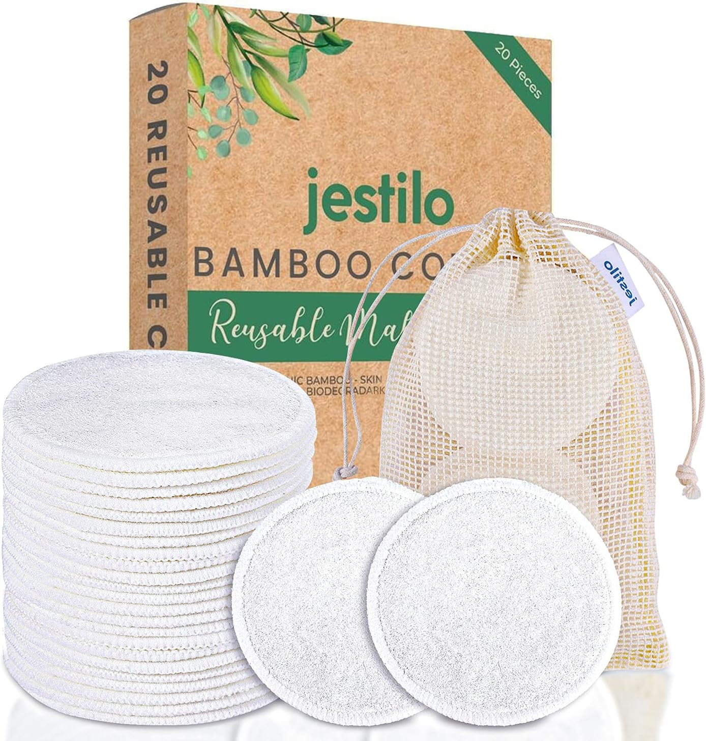 Jestilo Reusable Cotton Pads with Laundry Bag - 20 Eco-Friendly Makeup Remover Pads